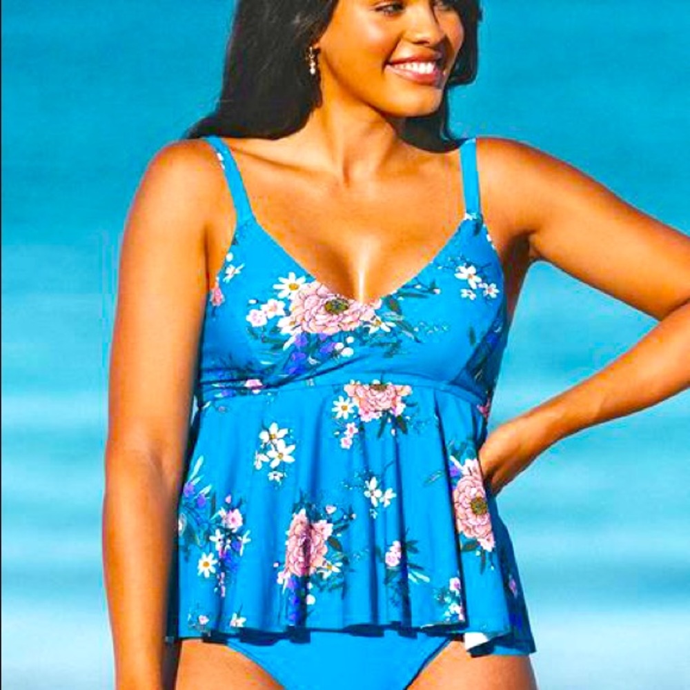 Blue Floral High Waisted Plus Size Tankini